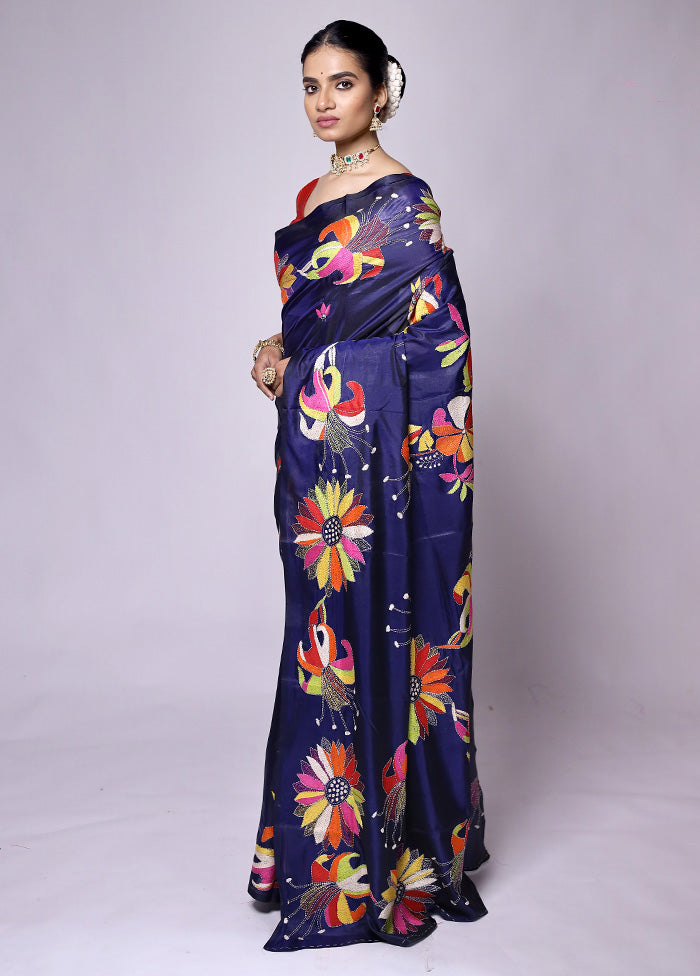 Blue Kantha Stitch Silk Saree With Blouse Piece