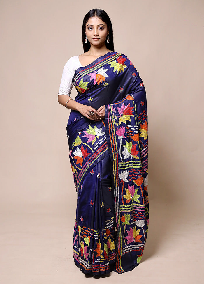 Blue Kantha Stitch Silk Saree With Blouse Piece