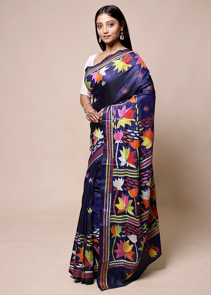 Blue Kantha Stitch Silk Saree With Blouse Piece