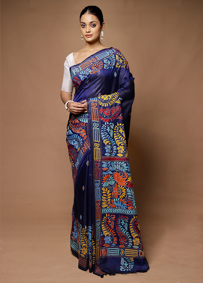 Blue Kantha Stitch Silk Saree With Blouse Piece