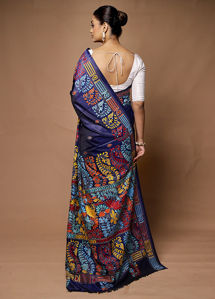 Blue Kantha Stitch Silk Saree With Blouse Piece