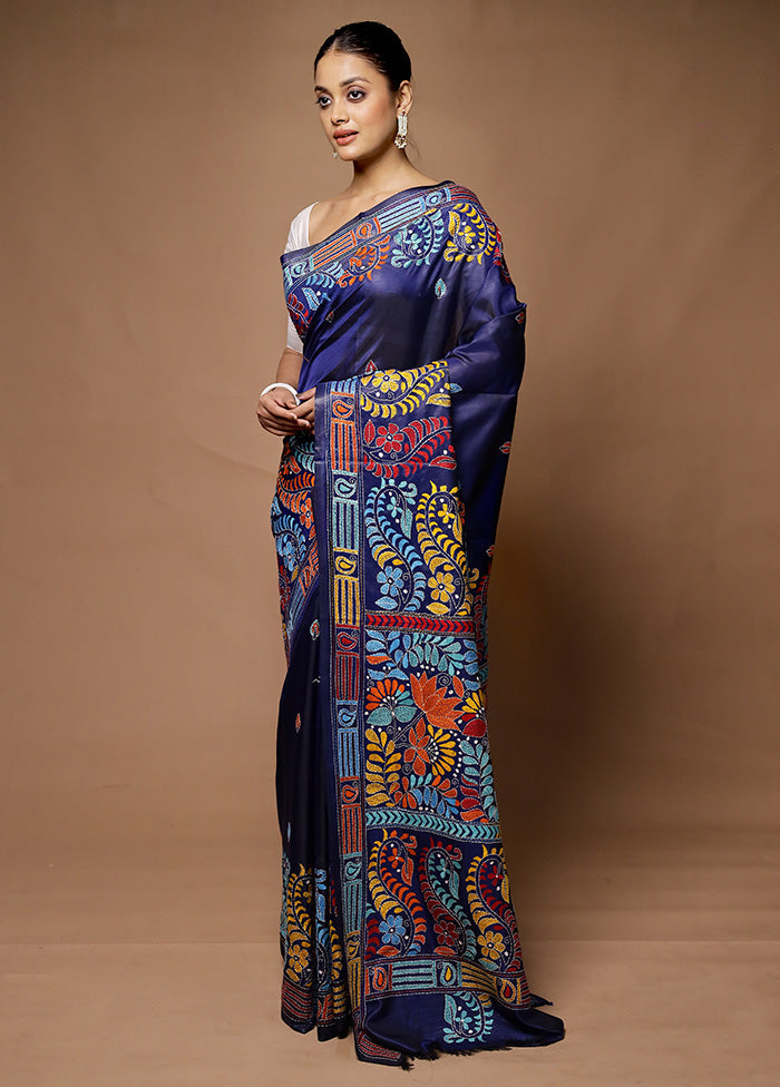 Blue Kantha Stitch Silk Saree With Blouse Piece