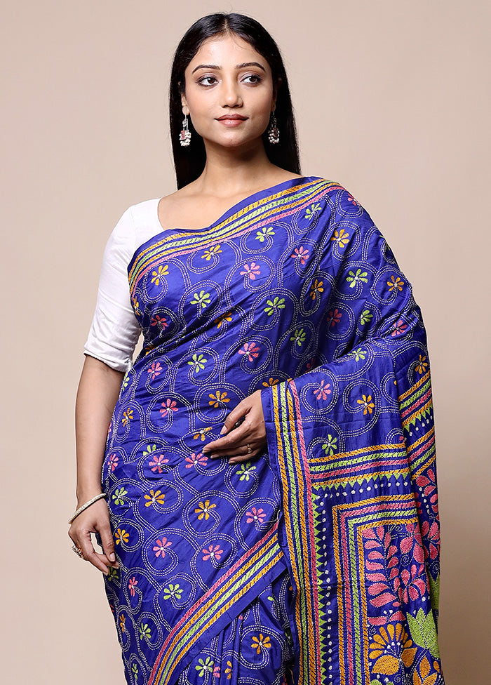 Blue Kantha Stitch Silk Saree With Blouse Piece