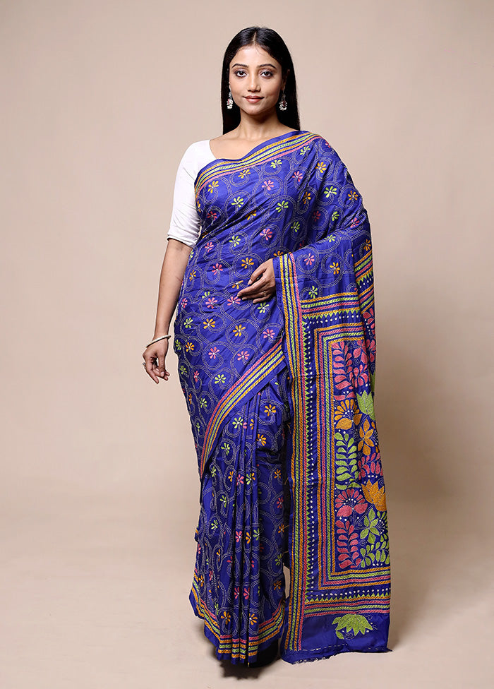 Blue Kantha Stitch Silk Saree With Blouse Piece