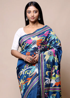 Blue Kantha Stitch Silk Saree With Blouse Piece