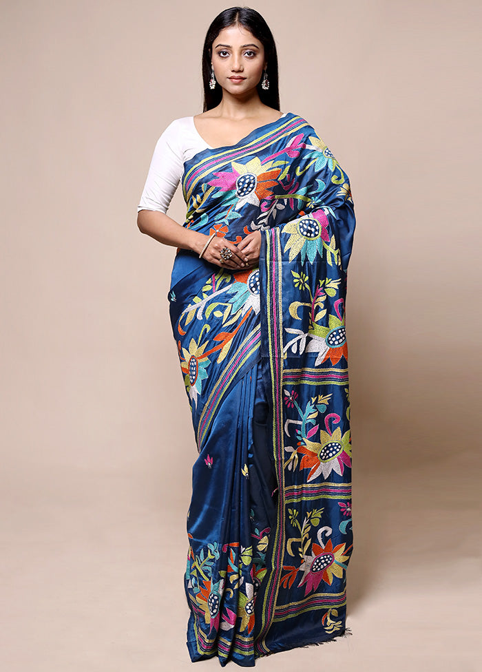 Blue Kantha Stitch Silk Saree With Blouse Piece