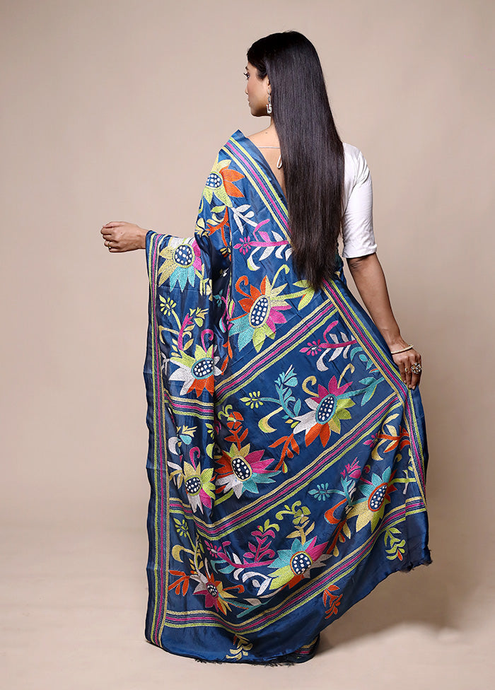 Blue Kantha Stitch Silk Saree With Blouse Piece