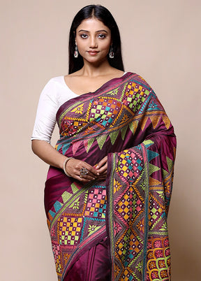 Maroon Kantha Stitch Silk Saree With Blouse Piece