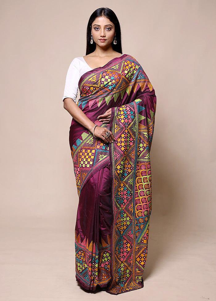 Maroon Kantha Stitch Silk Saree With Blouse Piece