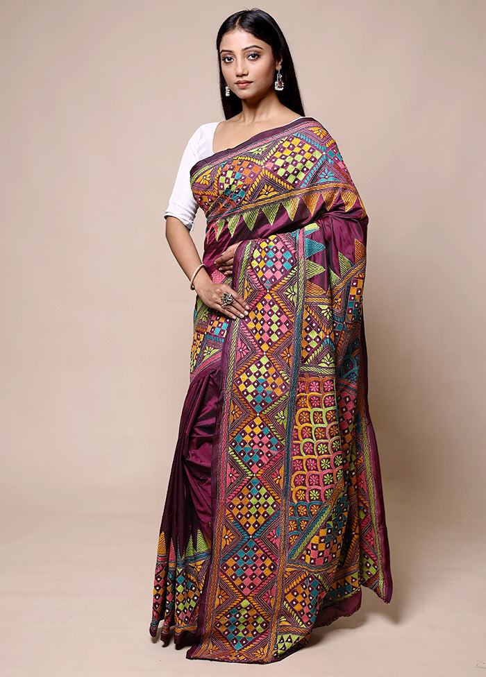 Maroon Kantha Stitch Silk Saree With Blouse Piece