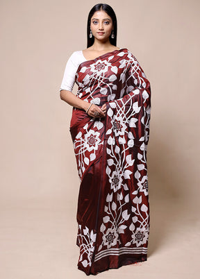 Brown Kantha Stitch Silk Saree With Blouse Piece