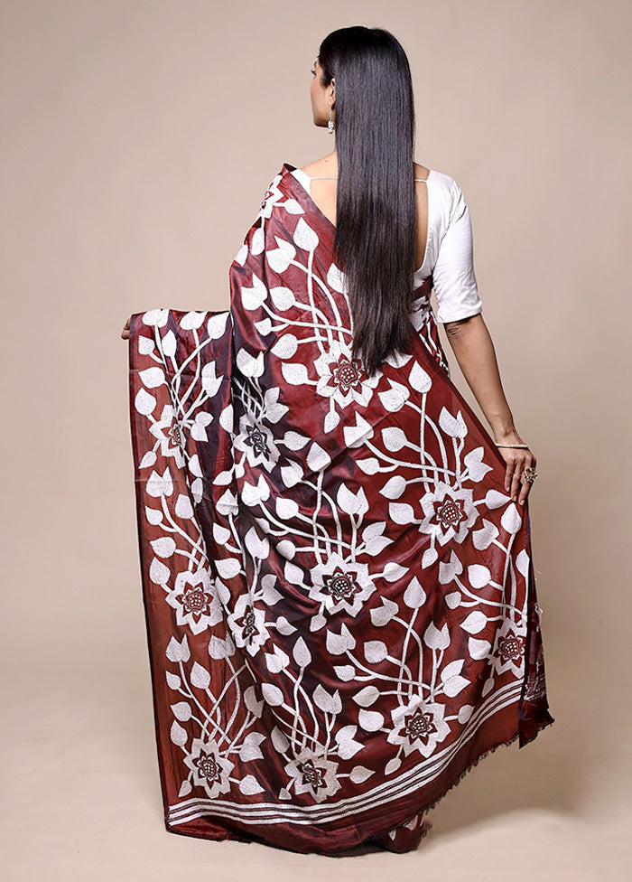 Brown Kantha Stitch Silk Saree With Blouse Piece