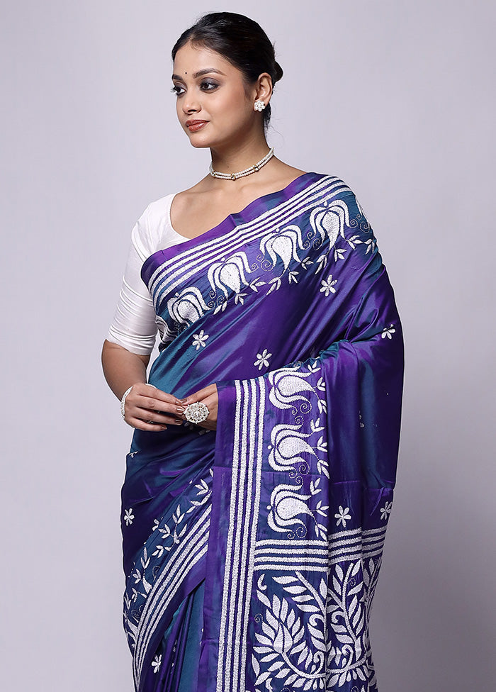 Purple Kantha Stitch Silk Saree With Blouse Piece