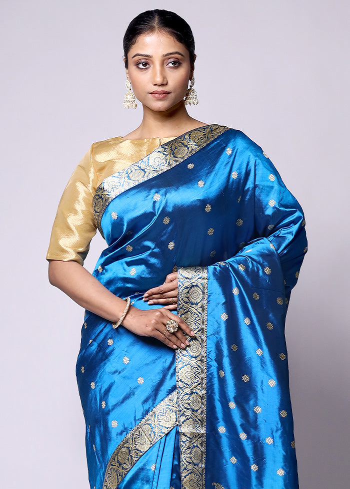 Blue Handloom Assam Pure Silk Saree With Blouse Piece