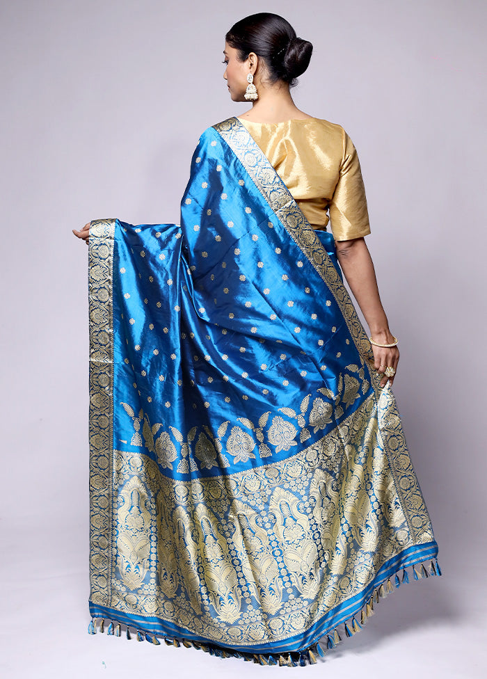 Blue Handloom Assam Pure Silk Saree With Blouse Piece