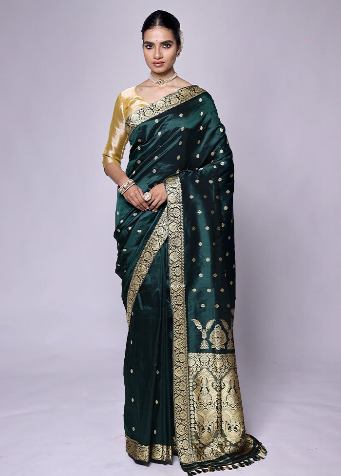 Green Handloom Assam Pure Silk Saree With Blouse Piece