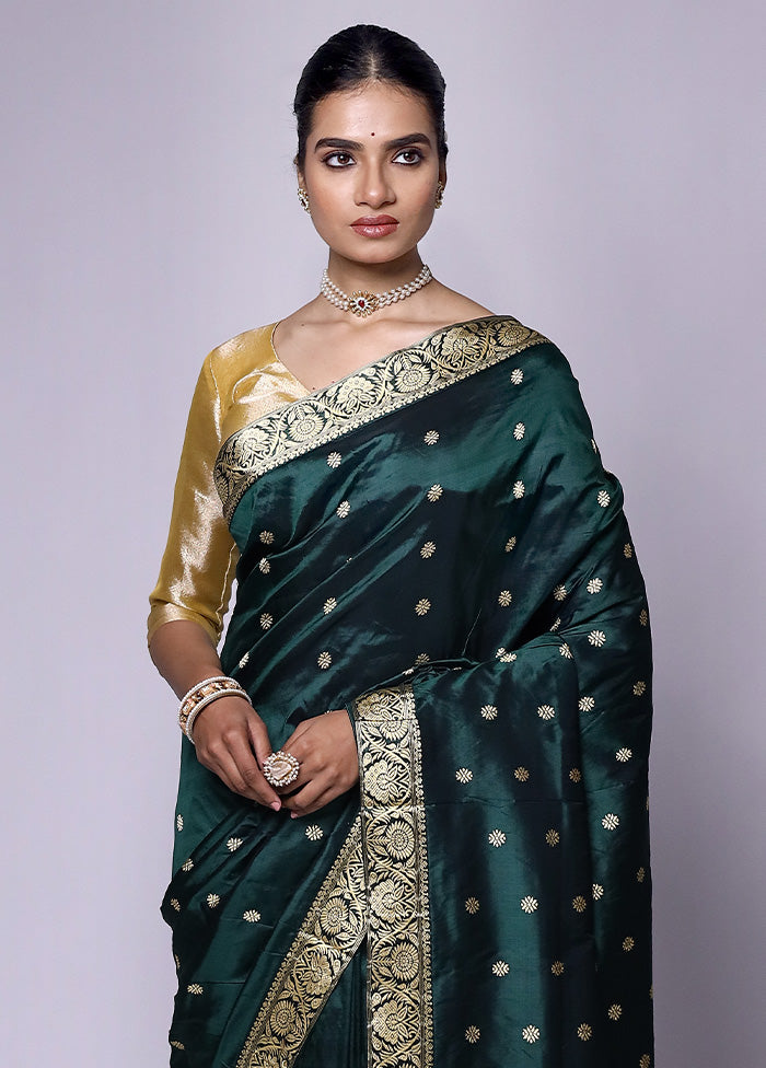 Green Handloom Assam Pure Silk Saree With Blouse Piece