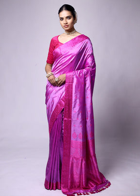 Purple Handloom Assam Pure Silk Saree With Blouse Piece