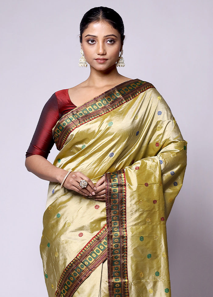 Golden Handloom Assam Pure Silk Saree With Blouse Piece