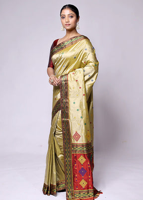 Golden Handloom Assam Pure Silk Saree With Blouse Piece