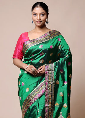 Green Handloom Assam Pure Silk Saree With Blouse Piece