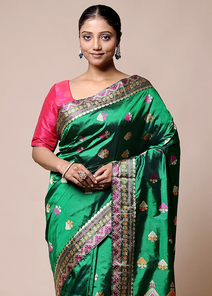 Green Handloom Assam Pure Silk Saree With Blouse Piece