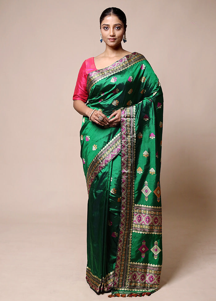 Green Handloom Assam Pure Silk Saree With Blouse Piece