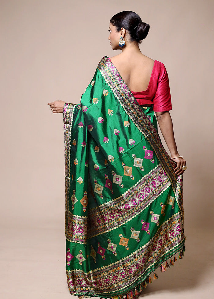 Green Handloom Assam Pure Silk Saree With Blouse Piece