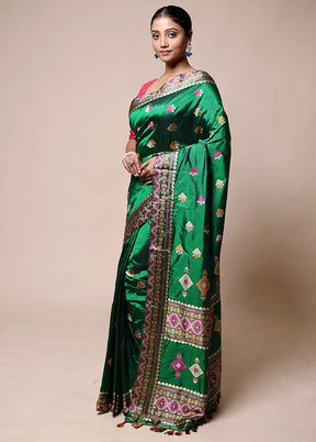 Green Handloom Assam Pure Silk Saree With Blouse Piece