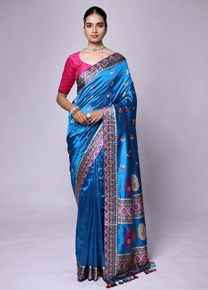 Blue Handloom Assam Pure Silk Saree With Blouse Piece