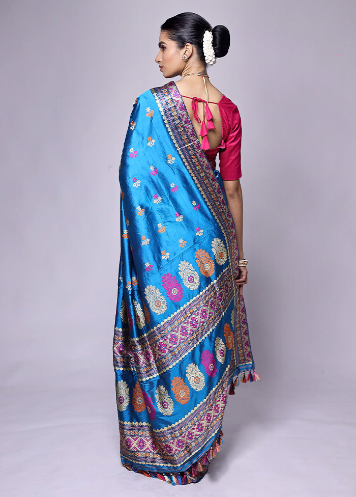 Blue Handloom Assam Pure Silk Saree With Blouse Piece