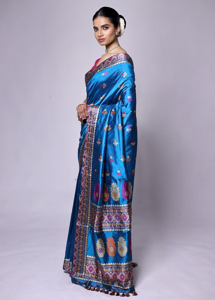 Blue Handloom Assam Pure Silk Saree With Blouse Piece