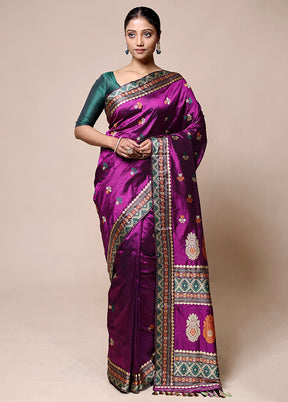 Purple Handloom Assam Pure Silk Saree With Blouse Piece