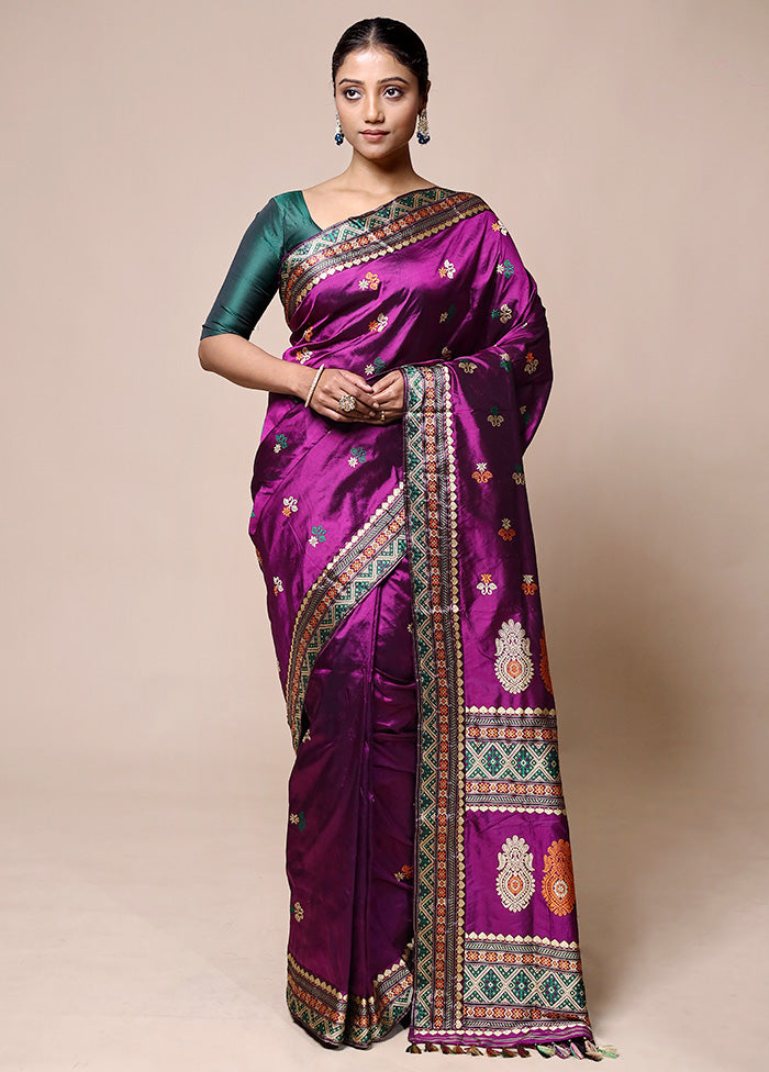 Purple Handloom Assam Pure Silk Saree With Blouse Piece