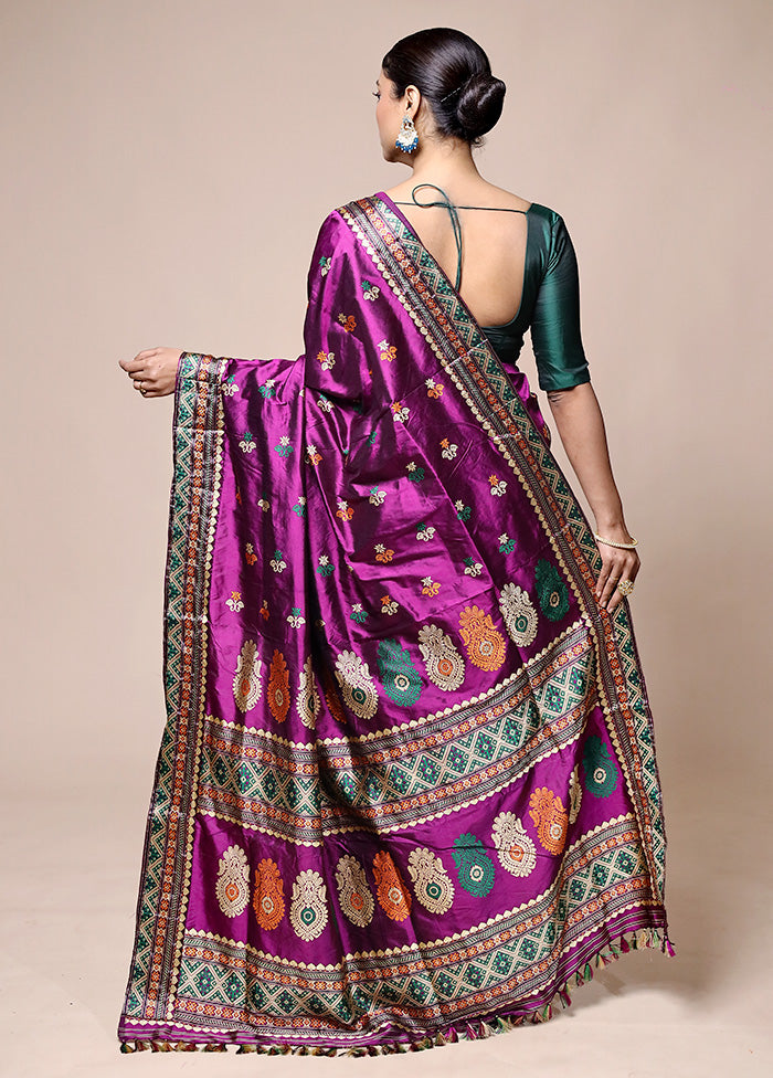 Purple Handloom Assam Pure Silk Saree With Blouse Piece