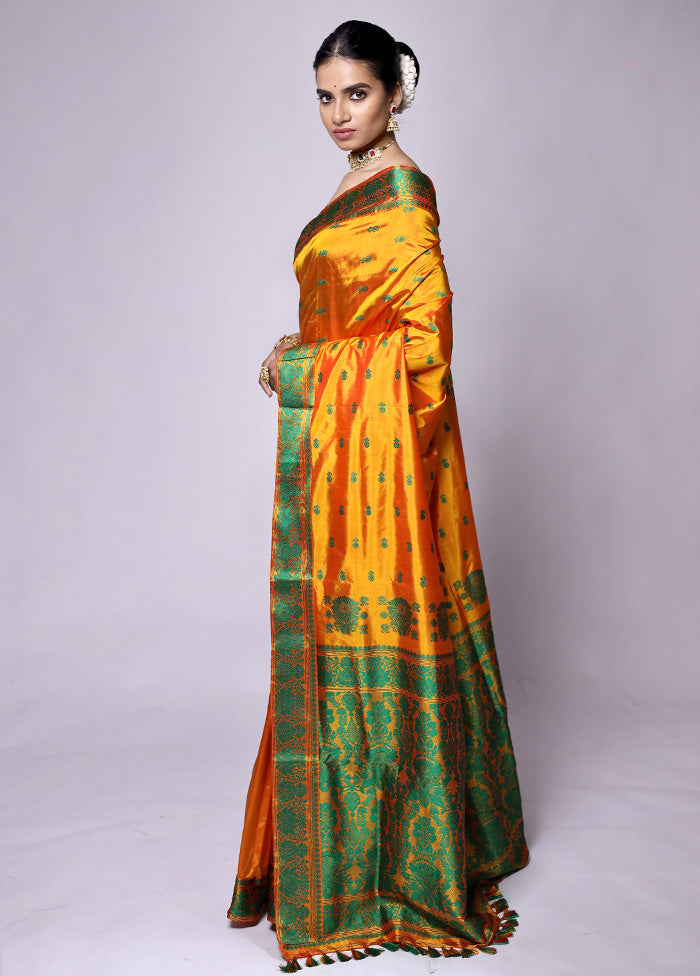 Yellow Handloom Assam Pure Silk Saree With Blouse Piece