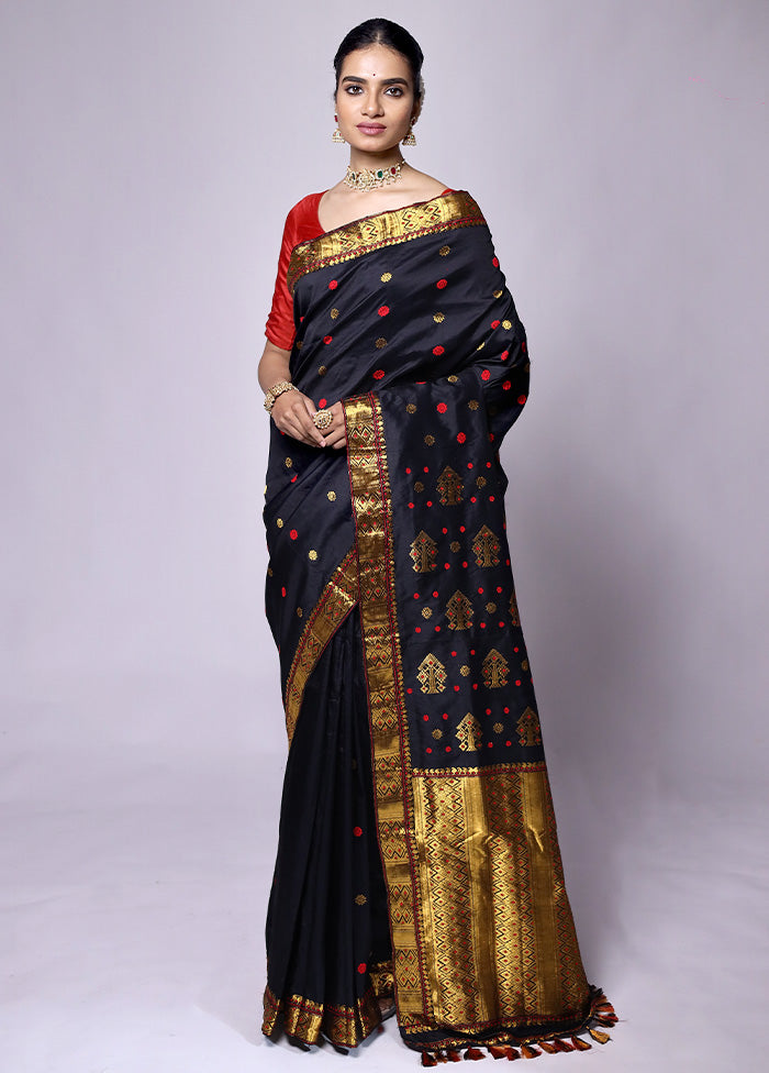 Black Handloom Assam Pure Silk Saree With Blouse Piece