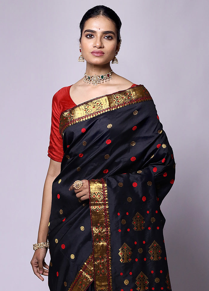 Black Handloom Assam Pure Silk Saree With Blouse Piece