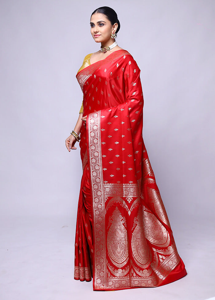 Red Banarasi Silk Saree With Blouse Piece