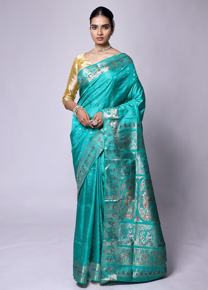 Green Handloom Baluchari Pure Silk Saree With Blouse Piece