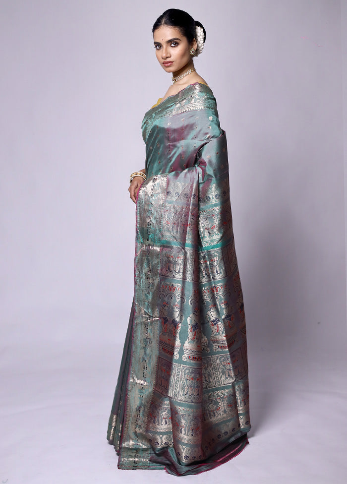 Green Handloom Baluchari Pure Silk Saree With Blouse Piece