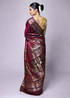 Maroon Handloom Baluchari Pure Silk Saree With Blouse Piece