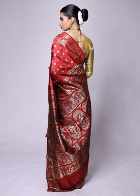 Red Handloom Baluchari Pure Silk Saree With Blouse Piece