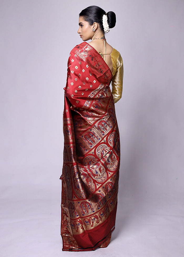 Red Handloom Baluchari Pure Silk Saree With Blouse Piece