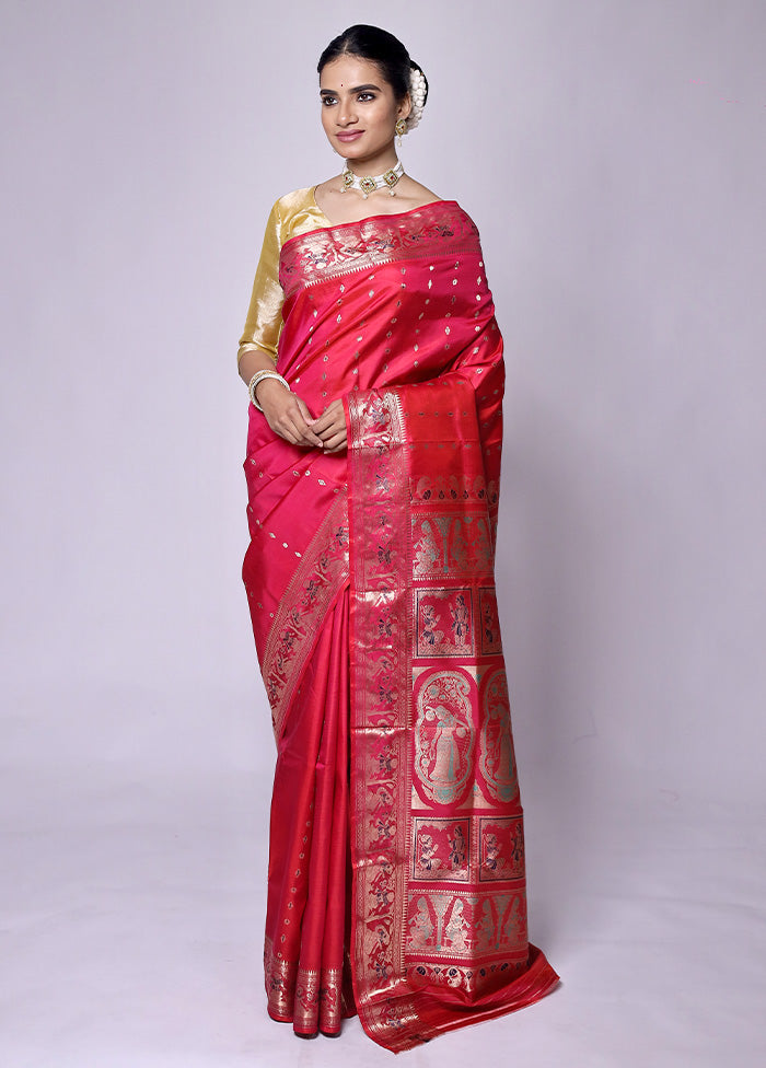 Red Handloom Baluchari Pure Silk Saree With Blouse Piece