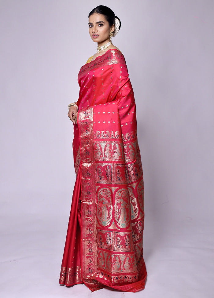 Red Handloom Baluchari Pure Silk Saree With Blouse Piece