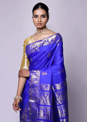 Blue Handloom Baluchari Pure Silk Saree With Blouse Piece