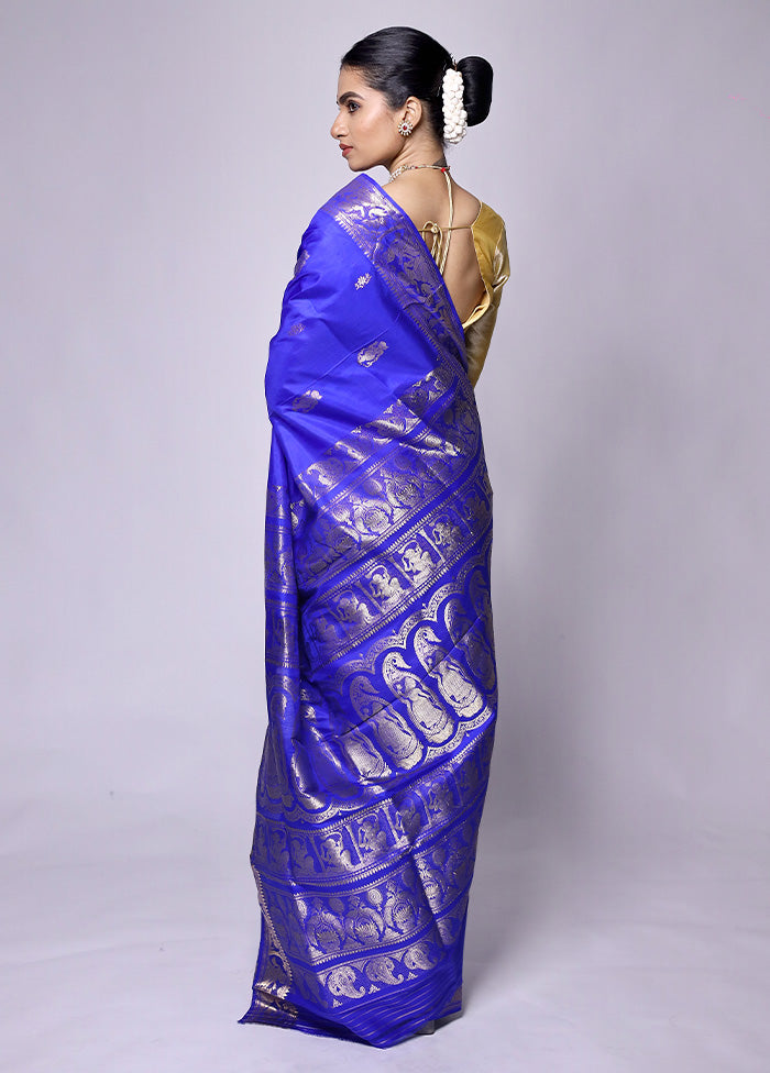 Blue Handloom Baluchari Pure Silk Saree With Blouse Piece