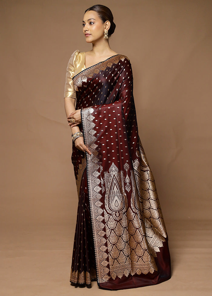 Wine Banarasi Silk Saree With Blouse Piece