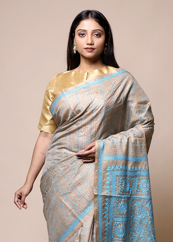 Cream Handloom Kantha Stitch Pure Silk Saree With Blouse Piece